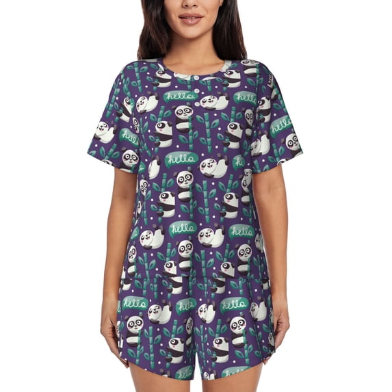 Wukai Bamboo Panda Women's Pajama Set,Short-Sleeve Top and Shorts with Elastic Waistband and Pockets for Loungewear, Yoga, and Casual Wear-Small