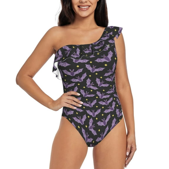 Wukai Bat Purple Chic One Shoulder Swimwear with Ruffle Design and Tummy Control Skirt: Fashionable, Supportive, Comfortable for Beach-XX-Large