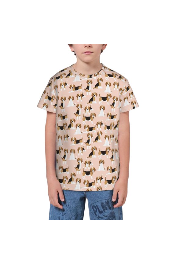 Beagle Dog On Brown Youth Unisex Short Sleeve T-Shirt for Boys, Girls, Teens, and Kids-X-Small