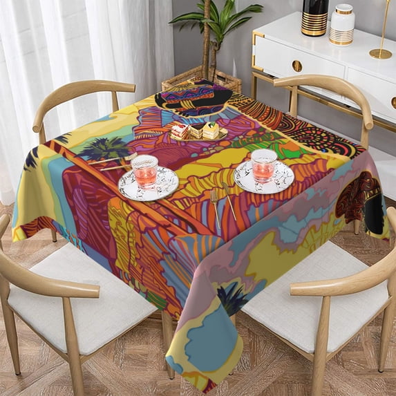Wukai Beautiful African Woman Waterproof Tablecloth for Kitchen Dining, Fits Square Tables for 2-4 Seats -54"x54"