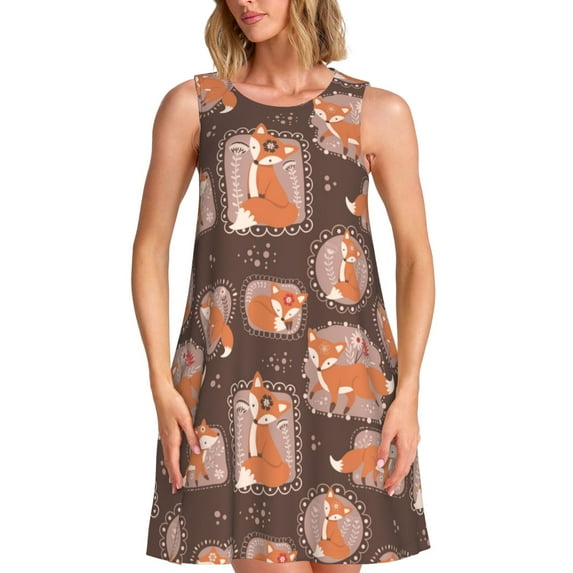 Wukai Beautiful Fox Print Women's Sleeveless Dress, Loose Fit Casual Dress for Women, Comfortable Sleeveless Summer Dress
