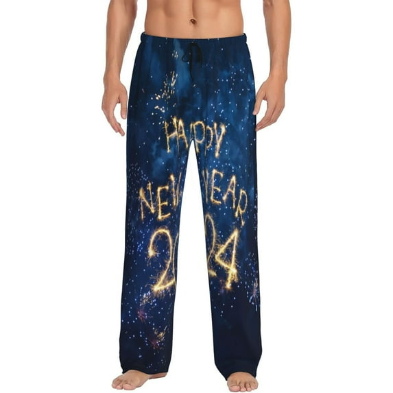 Wukai Beautiful New Year 2024 Mens PJ Pajama Pants|Sleepwear Plaid PJs with Pockets|Men's Lightweight Open-Hem Lounge Pants-Large