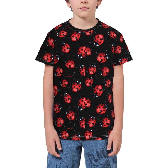 Wukai Beautiful Red Ladybug Youth Unisex Short Sleeve T-Shirt for Boys, Girls, Teens, and Kids-Large