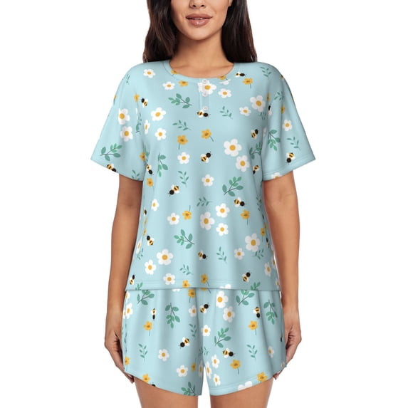 Wukai Bee Flower Women's Pajama Set,Short-Sleeve Top and Shorts with Elastic Waistband and Pockets for Loungewear, Yoga, and Casual Wear-Large