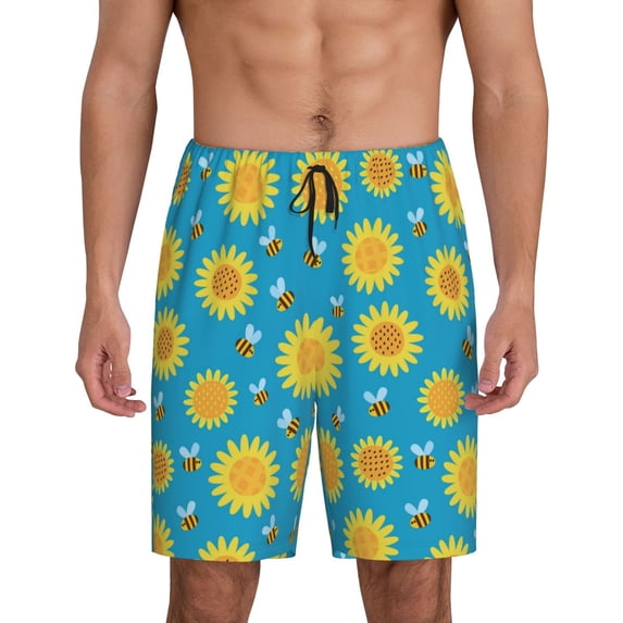 Wukai Bee Sunflower Men’s Short Pajama Pants With Pockets Soft Sleep Pj Shorts for Men-