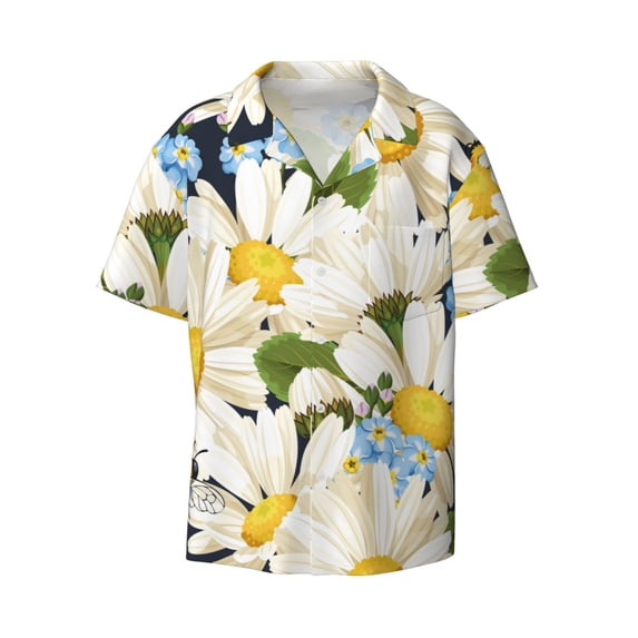 Wukai Bees Collecting Nectar Men's Casual Short-Sleeve Button Down Shirt - Lightweight Summer Dress Shirt for Daily Wear-Small