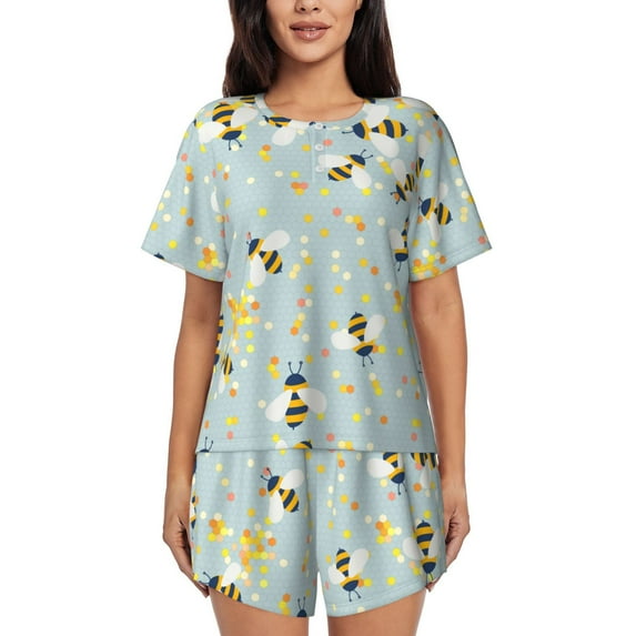 "Wukai Bees Women's Pajama Set - Short-Sleeve Top and Shorts with Elastic Waistband and Pockets for Loungewear, Yoga, and Casual Wear-X-Large