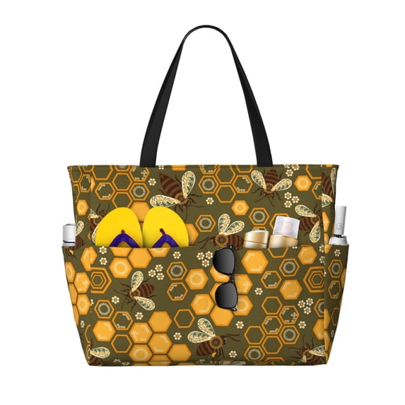 Wukai Bees and Honeycombs Print Zipper Bag,large Beach Tote Bag,Waterproof Sandproof Bag,Grocery and Picnic Tote Travel Bag