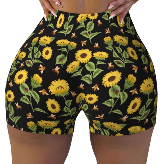 Wukai Bees and Sunflowers Print Pack Biker Shorts for Women Yoga Workout Gym Running Scrunch Active Shorts-XX-Large