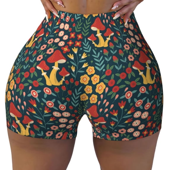 Wukai Berries and Flowers Print Pack Biker Shorts for Women Yoga Workout Gym Running Scrunch Active Shorts-X-Large