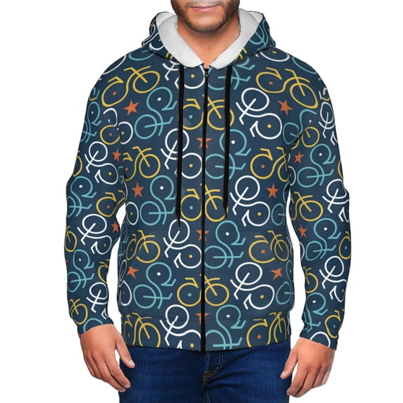 Wukai Bicycle Colorful Print Men's Zip-Up Hoodie,Fleece Full-Zip Hoodie for Men, Hooded Sweatshirt-3X-Large