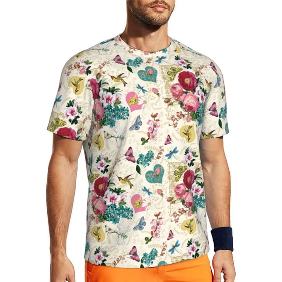 Wukai Bird Butterfly Rose Print Men's Short-Sleeved Mesh T-Shirt,Quick-Dry Short Sleeve Workout T-Shirt-X-Large