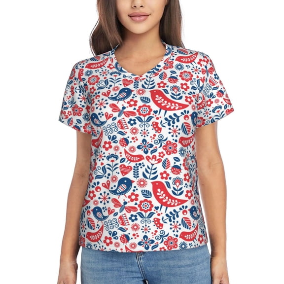 Wukai Birds Flowers Classic V-Neck T-Shirt for Women: Comfortable, Stylish, and Versatile Wardrobe Essential-Small