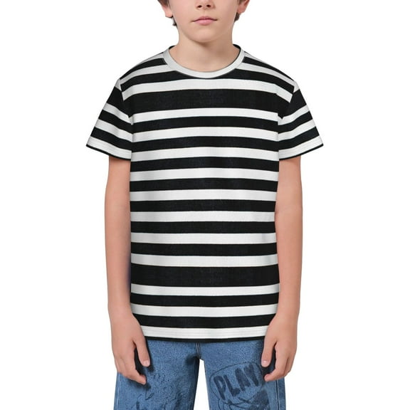 Wukai Black And White Stripes Youth Unisex Short Sleeve T-Shirt for Boys, Girls, Teens, and Kids-Large