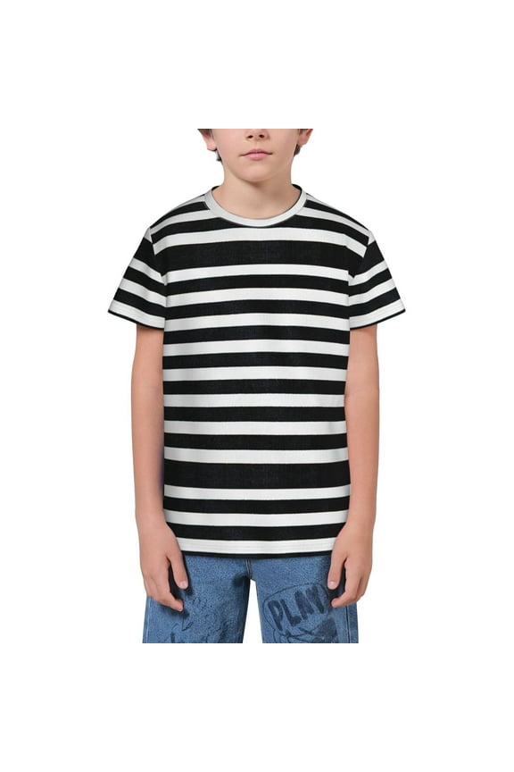 Black And White Stripes Youth Unisex Short Sleeve T-Shirt for Boys, Girls, Teens, and Kids-Large