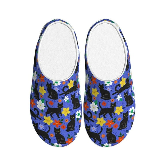 Wukai Black Cats And Flowers Print Women's Indoor Bedroom Slipper Slip On Shoes, Unisex House Shoes with Anti-Skid Sole for Men, Gift for Women Men-37/38