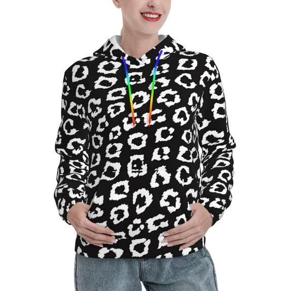 Wukai Black Leopard Print Womens Hoodies Fleece Sweatshirts Long Sleeve Sweaters Pullover Fall Outfits Winter Clothes-Small