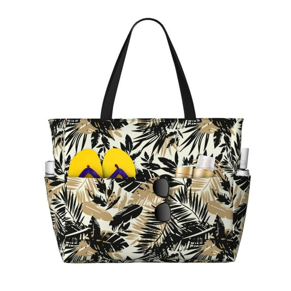 Wukai Black Palm Leaves Print Zipper Bag,large Beach Tote Bag,Waterproof Sandproof Bag,Grocery and Picnic Tote Travel Bag