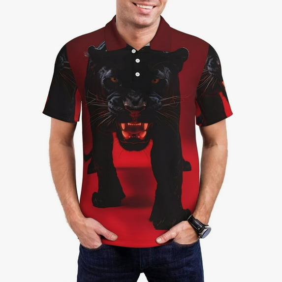 Wukai Black Panther Red Background Men’s Polo Shirts Sleeve,Camisas Polo Para Hombre,True Classic Tees Men-X-Large