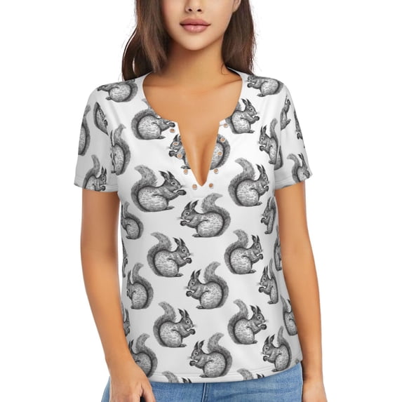 Wukai Black Squirrel Casual V-Neck Graphic Tees for Women: Lightweight and Breathable Summer Tops with Stylish Design-Large