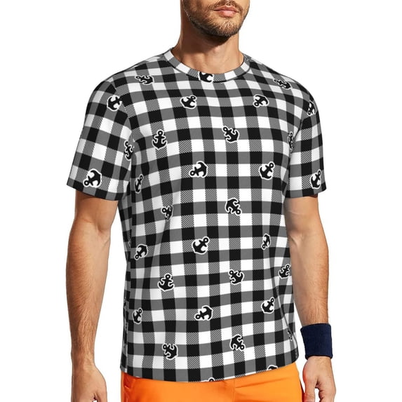 Wukai Black Tartan Plaid Print Men's Short-Sleeved Mesh T-Shirt,Quick-Dry Short Sleeve Workout T-Shirt-Large