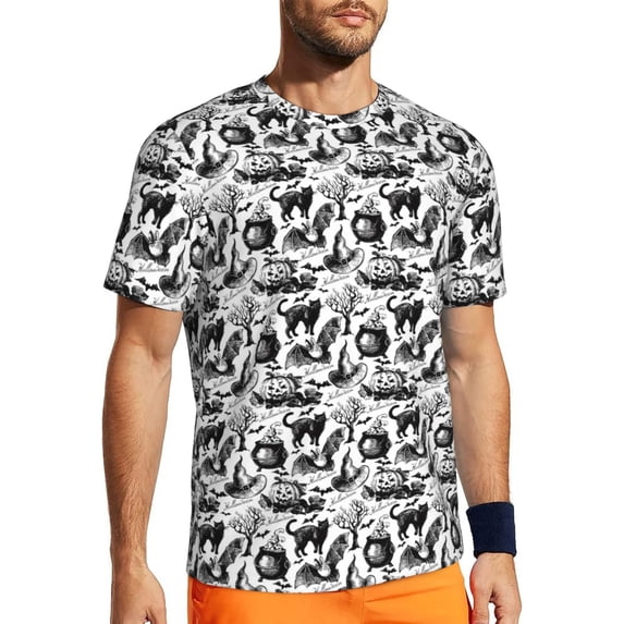 Wukai Black White Halloween Print Men's Short-Sleeved Mesh T-Shirt,Quick-Dry Short Sleeve Workout T-Shirt-