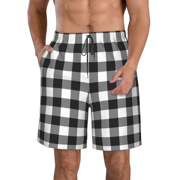 Wukai Black White Plaid Print Beach Trunks with Compression Liner Swimsuit Quick Dry Beach Sports Shorts with Pocket-3X-Large