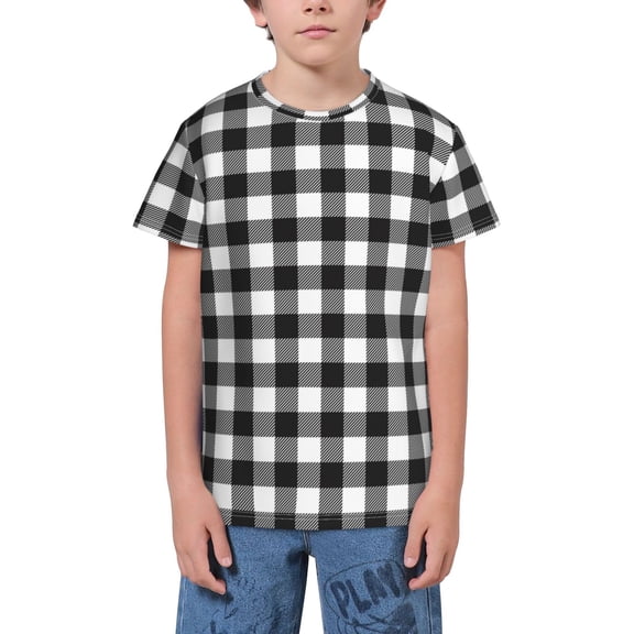 Wukai Black White Plaid Youth Unisex Short Sleeve T-Shirt for Boys, Girls, Teens, and Kids-Large