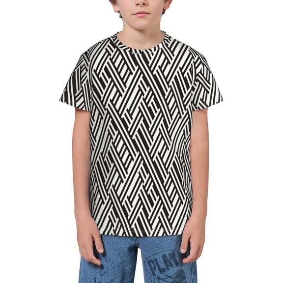 Wukai Black White Stripes Youth Unisex Short Sleeve T-Shirt for Boys, Girls, Teens, and Kids-Small