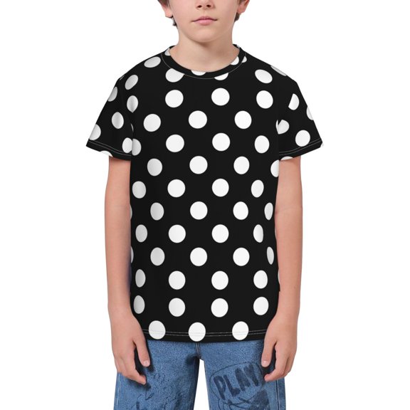 Wukai Black and White Polka Dot Youth Unisex Short Sleeve T-Shirt for Boys, Girls, Teens, and Kids-X-Small