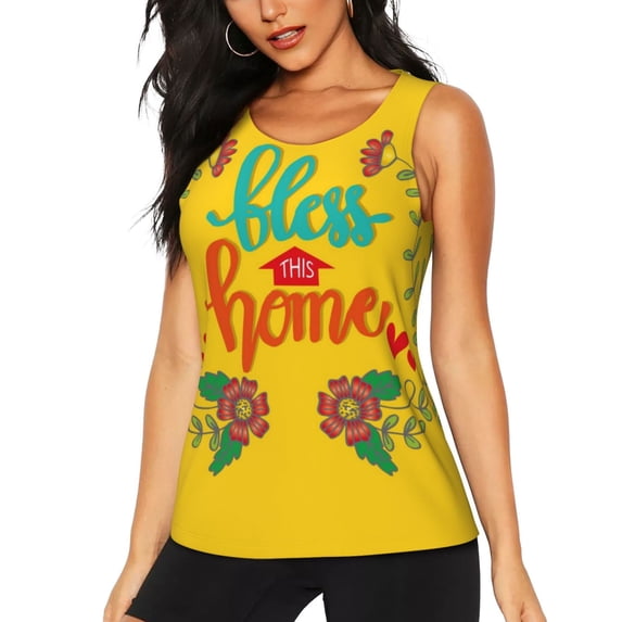 Wukai Bless This Home Print Women's Workout Tank Top Mesh Yoga Shirts Athletic Running Tank Tops Athletic Gym Shirts -