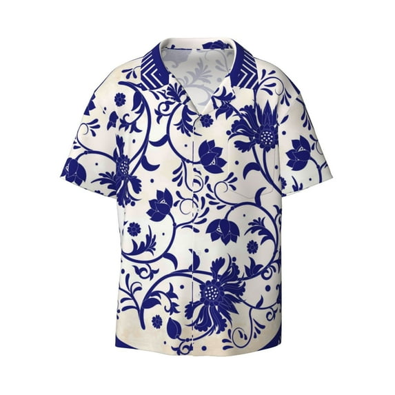 Wukai Blue And White Porcelain Pattern Men's Casual Short-Sleeve Button Down Shirt - Lightweight Summer Dress Shirt for Daily Wear-