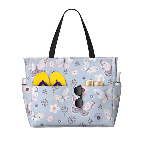 Wukai Blue Butterfly Print Zipper Bag,large Beach Tote Bag,Waterproof Sandproof Bag,Grocery and Picnic Tote Travel Bag