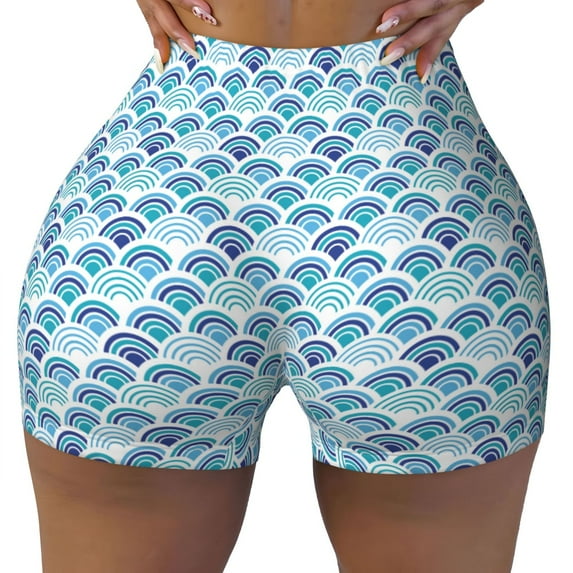 Wukai Blue Fish Scale Texture Print Pack Biker Shorts for Women Yoga Workout Gym Running Scrunch Active Shorts-Small