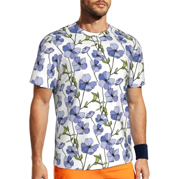 Wukai Blue Flax Flowers Print Men's Short-Sleeved Mesh T-Shirt,Quick-Dry Short Sleeve Workout T-Shirt-Small