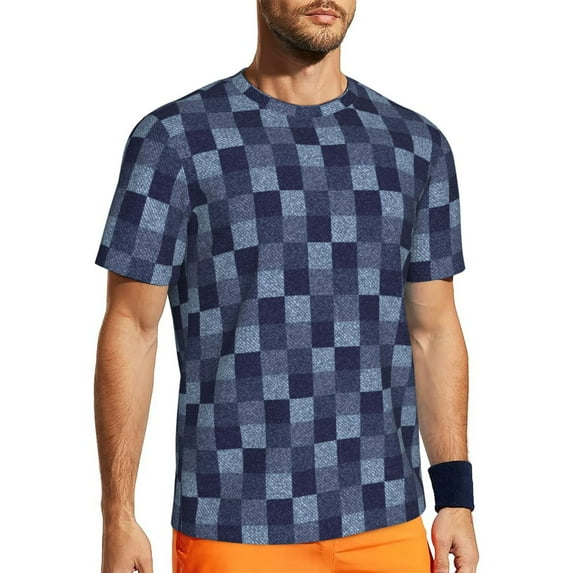 Wukai Blue Gingham Buffalo Check Print Men's Short-Sleeved Mesh T-Shirt,Quick-Dry Short Sleeve Workout T-Shirt-Small