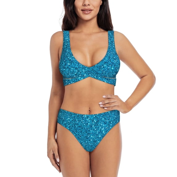 Wukai Blue Glitter Women's Bikini Set Two Piece,wimsuit High Waisted V Neck Twist Front Adjustable Spaghetti Straps Bathing Suit-Large