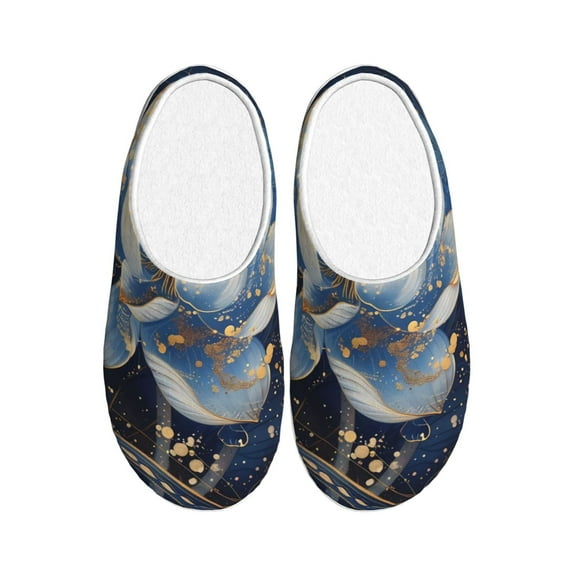 Wukai Blue Golden Dream Lotus Print Women's Indoor Bedroom Slipper Slip On Shoes, Unisex House Shoes with Anti-Skid Sole for Men, Gift for Women Men-39/40