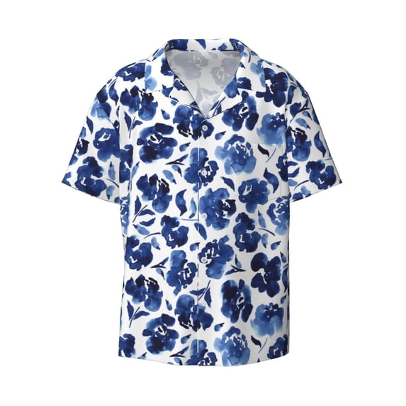 Wukai Blue Ink Flowers Men's Casual Short-Sleeve Button Down Shirt - Lightweight Summer Dress Shirt for Daily Wear-3X-Large