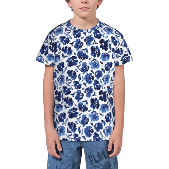 Wukai Blue Ink Flowers Youth Unisex Short Sleeve T-Shirt for Boys, Girls, Teens, and Kids-X-Small