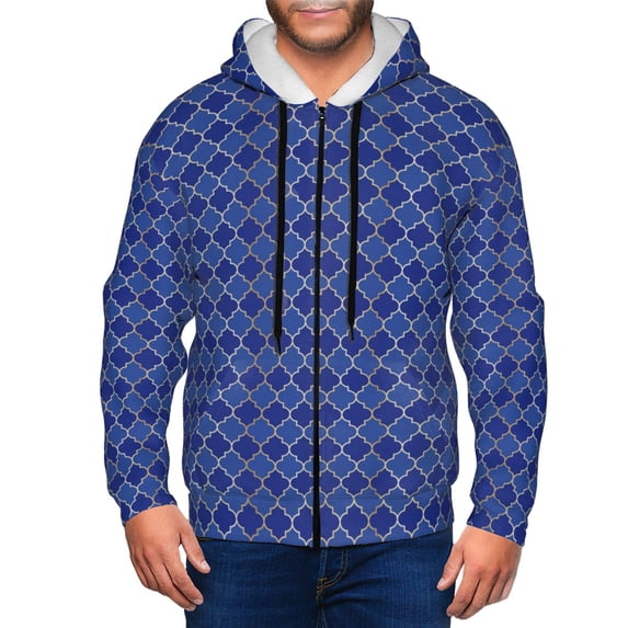 Wukai Blue Lantern Shapes Print Men's Zip-Up Hoodie,Fleece Full-Zip Hoodie for Men, Hooded Sweatshirt-Large