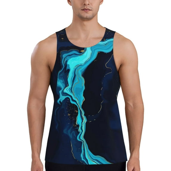 Wukai Blue Marble And Gold Print Men’s Workout Tank Top Sleeveless Muscle T shirt Gym Running Fitness Tank Top-Large