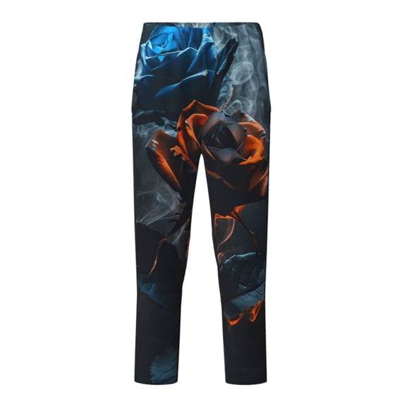 Wukai Blue and Red Roses Artwork Print Teenagers' Pajama Pant Sleep Pajama Lounge Pant PJ Bottoms with Pockets and Button Fly(Available in Big & Tall)-Large