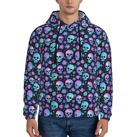 Wukai Blue Skull Flower Print Men Hoodies Fleece Sweatshirts Long Sleeve Sweaters Pullover Fall Outfits Winter Clothes-Large
