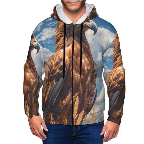 Wukai Blue Sky White Cloud Eagle Print Men's Zip-Up Hoodie,Fleece Full-Zip Hoodie for Men, Hooded Sweatshirt-Medium