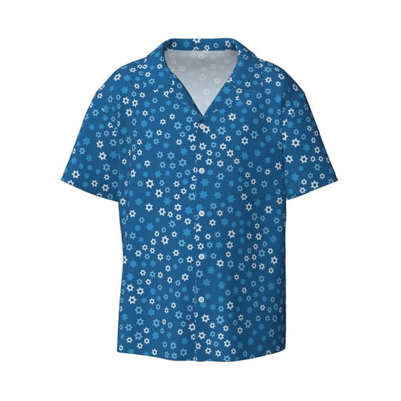 Wukai Blue Star Print Men's Casual Short-Sleeve Button Down Shirt - Lightweight Summer Dress Shirt for Daily Wear-X-Large