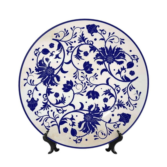 Wukai Blue And White Porcelain Pattern Print Decorative Plate for Display,Bone China Decorative Plate, Ceramic Dinner Plate with Stand, Vertical Ceramic Plate-6in