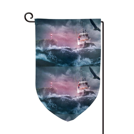 Wukai Boat Lighthouse Storm Waves Print Garden Flag 12.5x18 Inch Double Sided Sun-resistant Rain-resistant, Wrinkle-resistant Colorfast(Only Flag)