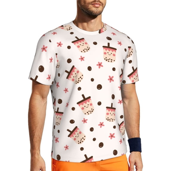 Wukai Boba Milk Tea Print Men's Short-Sleeved Mesh T-Shirt,Quick-Dry Short Sleeve Workout T-Shirt-X-Large