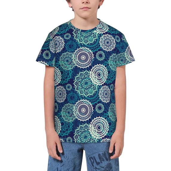 Wukai Bohemian Mandala Youth Unisex Short Sleeve T-Shirt for Boys, Girls, Teens, and Kids-X-Large